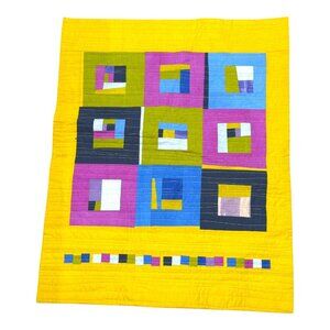 Handmade Yellow Patchwork Quilt 22X28 Vibrant Design Reversible Signed Geometric